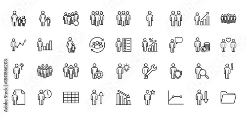 Business people and human resources line icon set. Vector pictograms of team, family, growth chart, idea, meeting, security, recruitment. Thin outline illustration.
