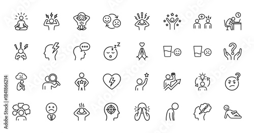 Psychology and emotions line icon set. Vector pictograms of mental health, stress, happiness, sadness, confusion, idea, success, anxiety, thin outline illustration.