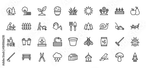 Gardening line icon set. Vector pictograms of shovel, hose, plant, flower, greenhouse, wheelbarrow, lawnmower, gnome, rake and shears, thin outline illustration.