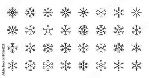 Winter weather line icon set. Vector pictograms of diverse snowflakes, snow crystals, ice patterns and christmas decoration symbols, thin outline illustration.
