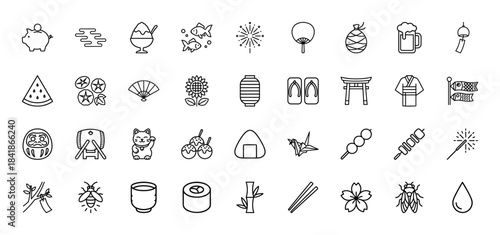 Japanese culture line icon set. Vector pictograms of lantern, fan, sushi, kimono, fireworks, shaved ice, torii gate, daruma, origami and cat, thin outline illustration.