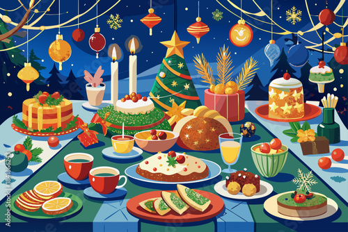 A beautiful Christmas party table filled with beautifully decorated delicacies, a festive holiday food arrangement, a warm family gathering atmosphere, and a luxurious winter feast presentation.