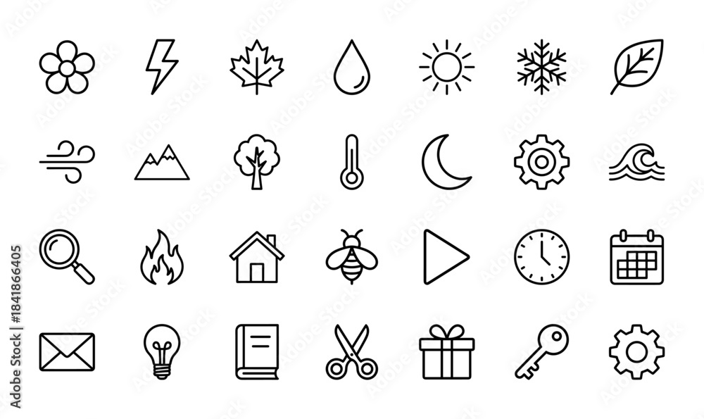 Fototapeta premium Universal user interface and nature line icon set. Vector pictograms of sun, moon, tree, house, mail, clock, calendar, gear and search, thin outline illustration.