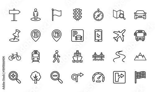 Navigation and travel line icon set. Vector pictograms of compass, map, pin, car, bus, train, ship, airplane, road, and flag, thin outline illustration.