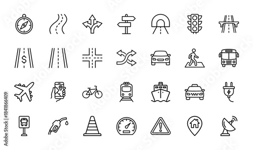 Transportation and navigation line icon set. Vector pictograms of compass, road, tunnel, traffic light, car, bus, plane, train, ship, fuel and map, thin outline illustration.