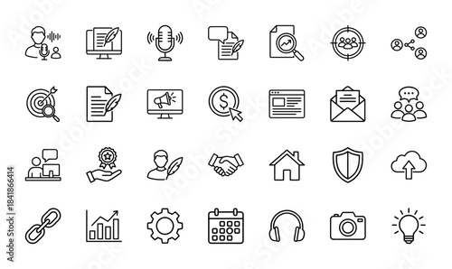 Business and marketing line icon set. Vector pictograms of podcast, target, seo, handshake, analytics, cloud, support and idea, thin outline illustration.