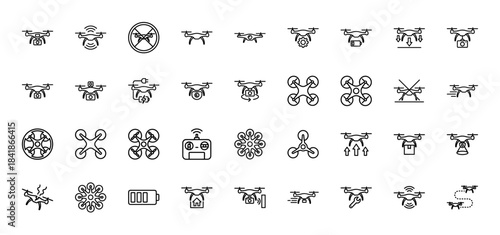 Drone technology line icon set. Vector pictograms of quadcopter, camera, delivery package, remote controller, battery, flight path, thin outline illustration.