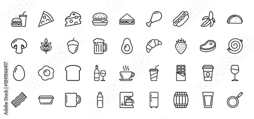 Food and beverage line icon set. Vector pictograms of burger, pizza, coffee, wine, fruit, vegetable, meat, dessert and kitchenware, thin outline illustration.