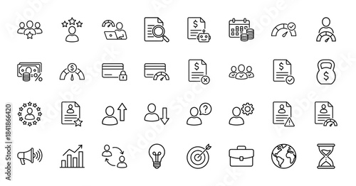 Human resources and business management line icon set. Vector pictograms of team, resume, salary, productivity, recruitment, target, money, growth, thin outline illustration.