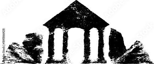 Grunge stencil illustration of ancient temple with pillars and ruins