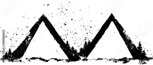 Black and white stencil art of mountains with splatter and drip effect for creative designs