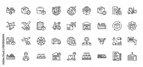 Logistics and delivery line icon set. Vector pictograms of courier, cargo, warehouse, freight, truck, drone, forklift, export, shipping, thin outline illustration