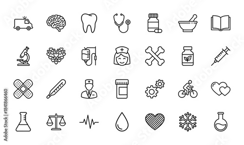 Medical and healthcare line icon set. Vector pictograms of ambulance, brain, stethoscope, microscope, nurse, doctor, syringe and pills, thin outline illustration.