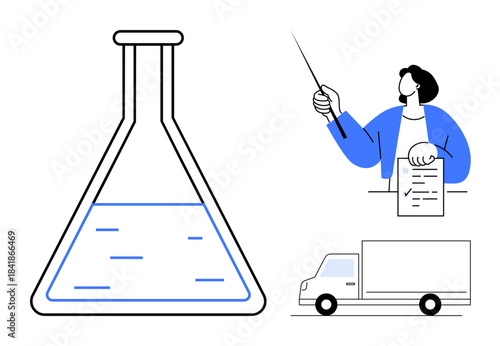 Laboratory flask with liquid, person pointing at document, delivery truck representing science, management, logistics, teamwork, process optimization, education planning innovative strategy. Simple