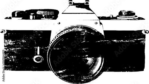 Black and white stencil illustration of a classic camera for urban art and design
