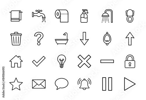 Bathroom and universal interface line icon set. Vector pictograms of shower, faucet, toilet, bathtub, towel, home, mail, lock, play, arrow, thin outline illustration.
