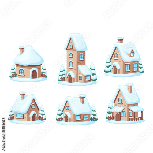 Winter Village Houses Snow Covered on Transparent Background
