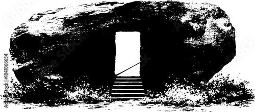 Monochrome stencil of geometric rock recess with doorway and steps for urban art design
