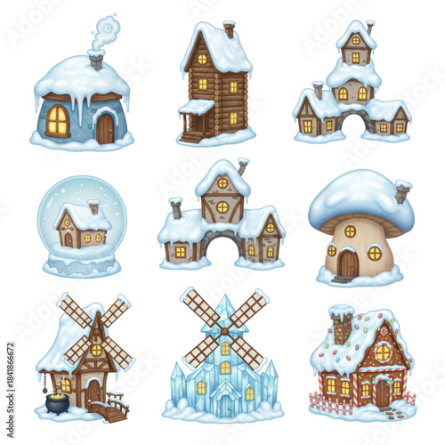Winter Village Houses Snow Covered on Transparent Background