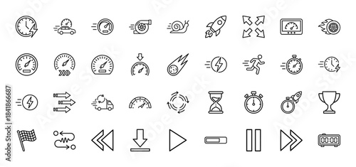 Speed and performance line icon set. Vector pictograms of speedometer, stopwatch, rocket, car, runner, hourglass, lightning, turbo, race flag, thin outline illustration.