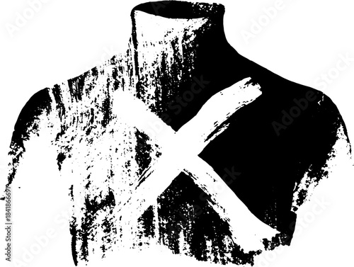 Black and white stencil illustration of geometric torso shape with x design