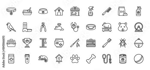 Pet care line icon set. Vector pictograms of collar, food bowl, dog house, brush, parrot, hamster, fish bowl, cage, bone, leash, thin outline illustration.