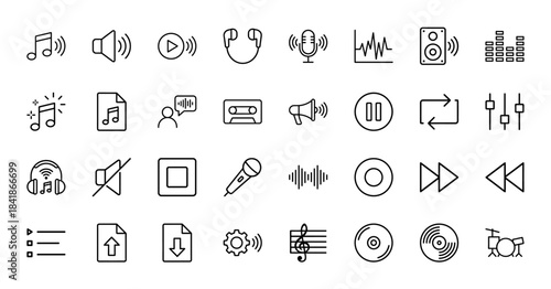 Music and audio line icon set. Vector pictograms of headphones, microphone, speaker, equalizer, vinyl record, cassette, drum and volume control, thin outline illustration.