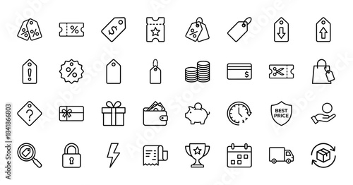 Shopping and discount line icon set. Vector pictograms of tag, coupon, wallet, card, gift, truck, piggy bank, receipt and coin, thin outline illustration.