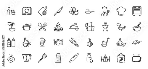 Cooking and culinary line icon set. Vector pictograms of chef, oven, recipe, knife, pan, blender, grill, food, and kitchen utensils, thin outline illustration.