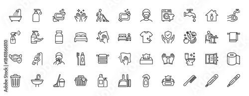 Hygiene and cleaning line icon set. Vector pictograms of soap, washing hands, mask, laundry, toilet, mop, bucket and bathroom items, thin outline illustration.