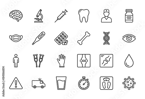 Medical line icon set. Vector pictograms of brain, microscope, syringe, doctor, mask, thermometer, bone, dna, ambulance and virus, thin outline illustration.