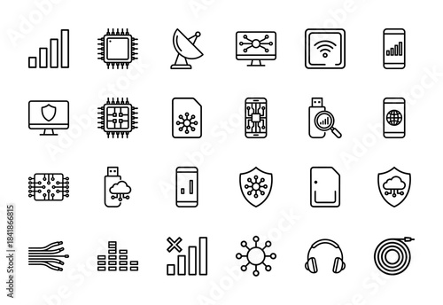 Technology and networking line icon set. Vector pictograms of signal, chip, satellite, wifi, shield, sim card, usb, cloud, cable and processor, thin outline illustration.