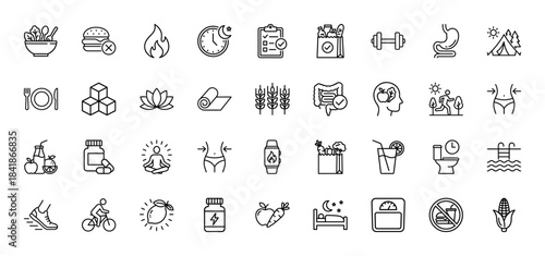 Weight loss and fitness line icon set. Vector pictograms of diet food, metabolism, stomach, yoga, slimming waist, scale and supplements, thin outline illustration.