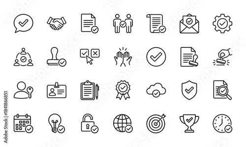 Approval and verification line icon set. Vector pictograms of checkmark, handshake, stamp, shield, target, clipboard, calendar, document, thin outline illustration