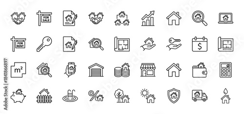 Real estate line icon set. Vector pictograms of house, apartment, mortgage, rent, sale, key, agent, blueprint, calculator and investment, thin outline illustration.