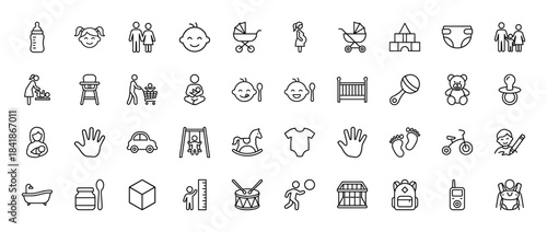 Baby and childcare line icon set. Vector pictograms of stroller, rattle, crib, diaper, bottle, pacifier, toys, family, and pregnant woman, thin outline illustration.