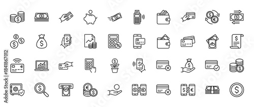 Finance line icon set. Vector pictograms of money, wallet, credit card, coin, calculator, investment, atm, payment, exchange and banking, thin outline illustration.
