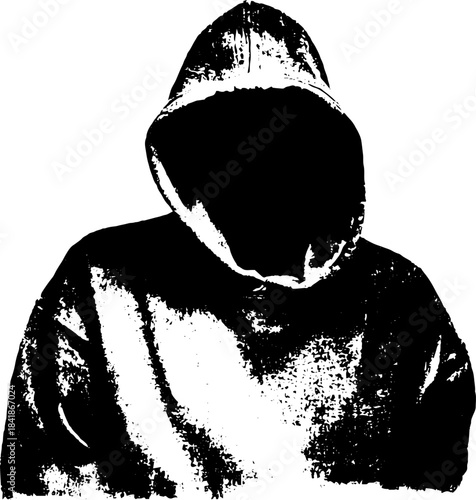 Mysterious hooded figure stencil illustration in black and white for urban art designs