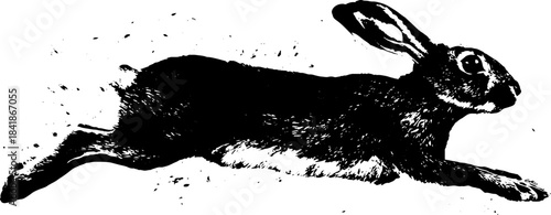Black and white stencil of hopping hare in motion for urban art design