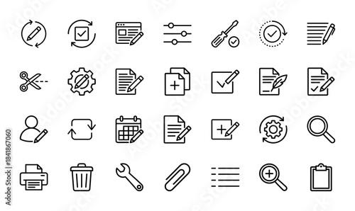Editing and interface line icon set. Vector pictograms of pen, document, settings, gear, user, calendar, printer, trash, search, check, thin outline illustration.