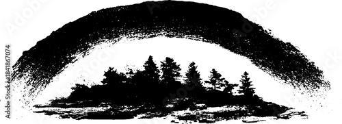Black and white jagged arc with tree silhouettes in stencil art design for background