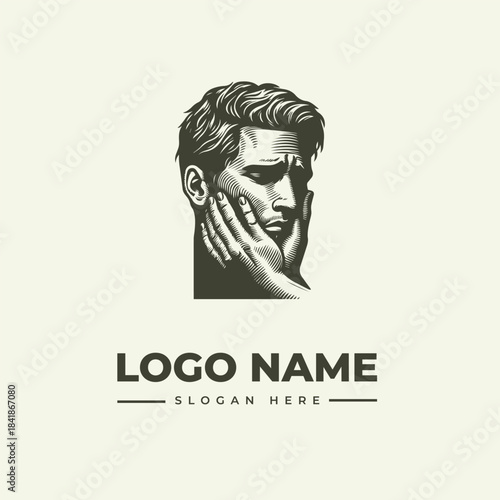 A monochromatic illustration of a man's face with hand on cheek, set against a plain background with a logo name and slogan placeholder.