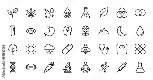 Medical and wellness line icon set. Vector pictograms of dna, stethoscope, yoga, pill, stomach, leaf, microscope, syringe and fitness tools, thin outline illustration.