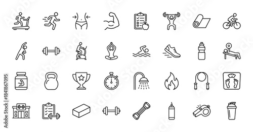 Fitness and gym line icon set. Vector pictograms of workout, treadmill, lifting, yoga, running, swimming, dumbbell, kettlebell, protein, scale, thin outline illustration.