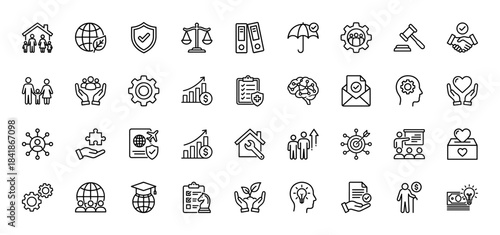 Business and insurance line icon set. Vector pictograms of family, shield, handshake, growth chart, puzzle, brain, umbrella and scale, thin outline illustration.