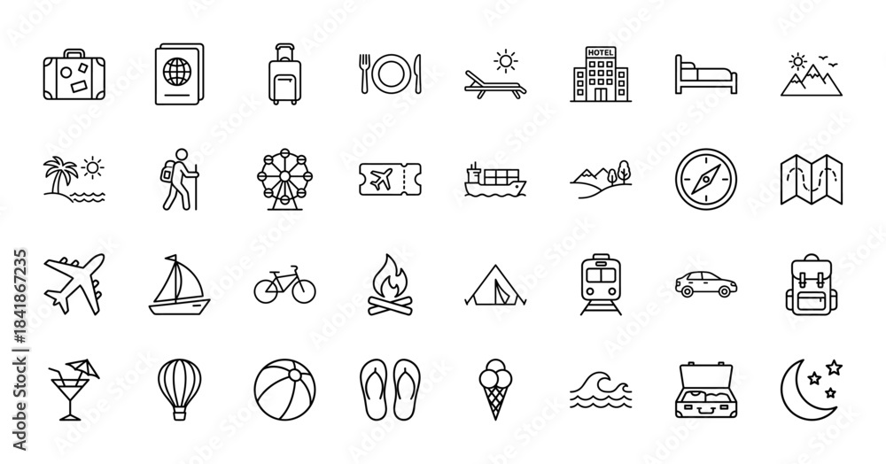 Fototapeta premium Travel and tourism line icon set. Vector pictograms of passport, suitcase, hotel, airplane, beach, camping, map and transport symbols, thin outline illustration.