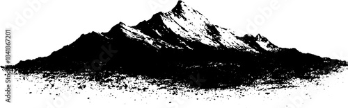 Black and white stencil illustration of a jagged mountain landscape