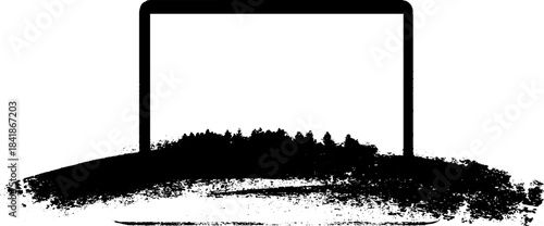 Minimalist black and white laptop silhouette with forest landscape design