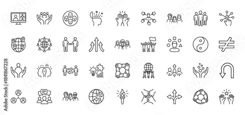 Human resources and teamwork line icon set. Vector pictograms of video call, handshake, leadership, diversity, collaboration and support, thin outline illustration.