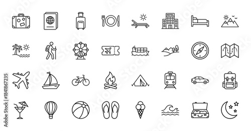 Travel and tourism line icon set. Vector pictograms of passport, suitcase, hotel, airplane, beach, camping, map and transport symbols, thin outline illustration.